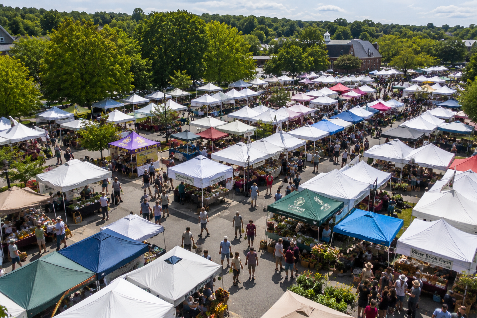Aerial view of a busy farmers market with rows of white tents and shoppers