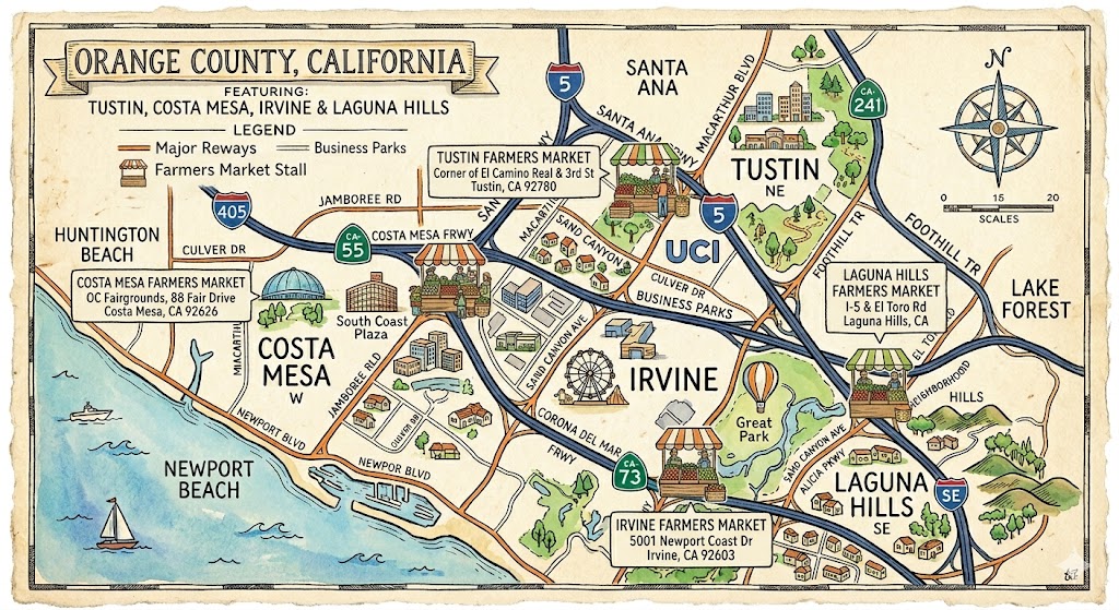 Hand-drawn map of Orange County showing all four farmers market locations